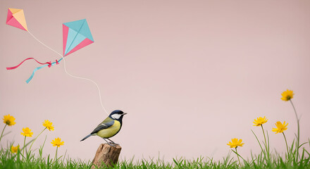Naklejka premium bird, great tit, tit, Great tit bird watching colorful kites in spring meadow