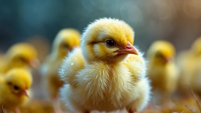 A single broiler chick looks intently at the camera.