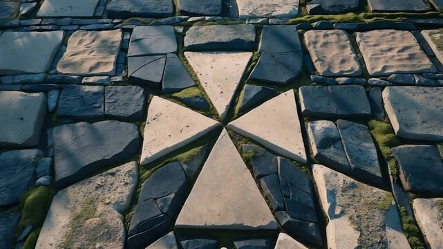 A macro shot of a cobblestone pathway displaying a prominent design.