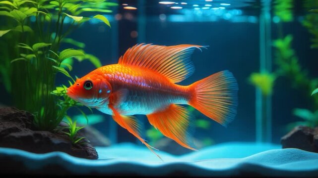 In an aquarium, a pregnant swordtail displays its vivid orange color while swimming.