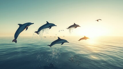 Dolphins leaping joyfully above calm ocean waters at sunset, with birds flying in the background