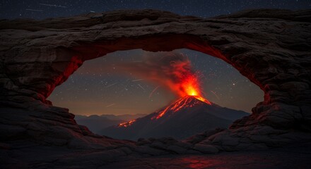 Volcano Eruption Through Rock Arch at Night