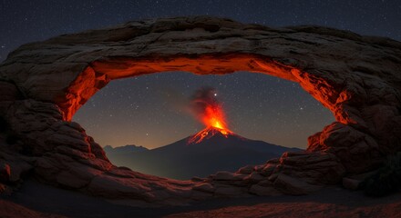 Volcano Eruption Through Rock Arch at Night