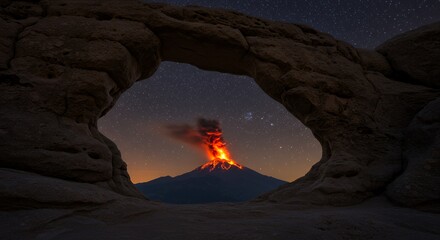 Erupting Volcano Framed by Rock Arch at Night