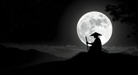 samurai,  silhouette,  full moon, Samurai Silhouette Under Full Moon