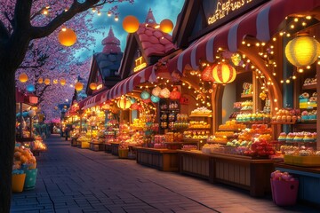 A vibrant 3D marketplace filled with vividly decorated stalls illuminated by glowing lanterns, featuring traditional pastries and beautifully hand-painted Easter eggs,  created by ai
