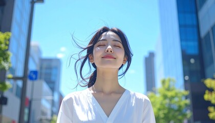 Fototapeta premium 街角で微笑む女性,Smiling Japanese Woman on a City Street