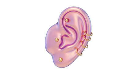 Isolated Iridescent Ear with Multiple Gold Earrings