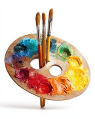 Vibrant artist's palette with paint and brushes. Ready for creative expression!