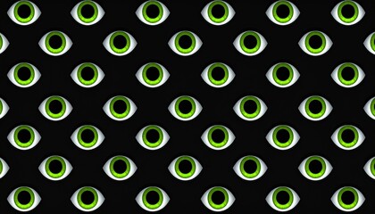 Creepy repeating pattern of green eyes on a black background creating an eerie atmosphere.