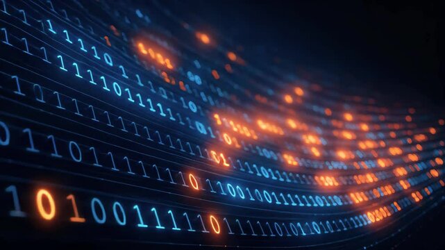 Pulsing binary code streaming across screen with luminous orange and blue digits, representing dynamic digital data transfer and technological connectivity in futuristic cyber environment