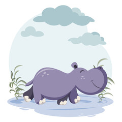 Cartoon cute hippo in flat style