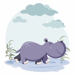 Cartoon cute hippo in flat style