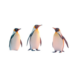 Fototapeta premium Three Emperor Penguins Standing on White Background, Antarctic Wildlife