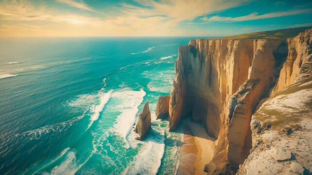 Sky-high view of lovely bluffs and ocean.