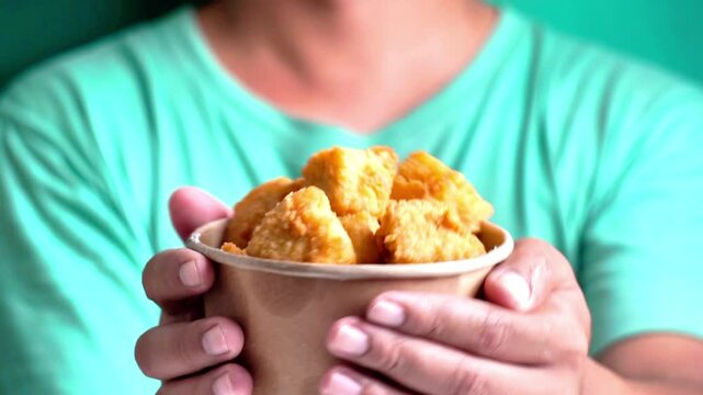 Crispy tofu (tahu crispy) in a paper bowl. Indonesian street food.