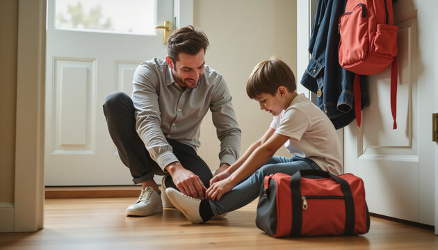  Father tying son’s shoes near front door - Powered by Adobe
