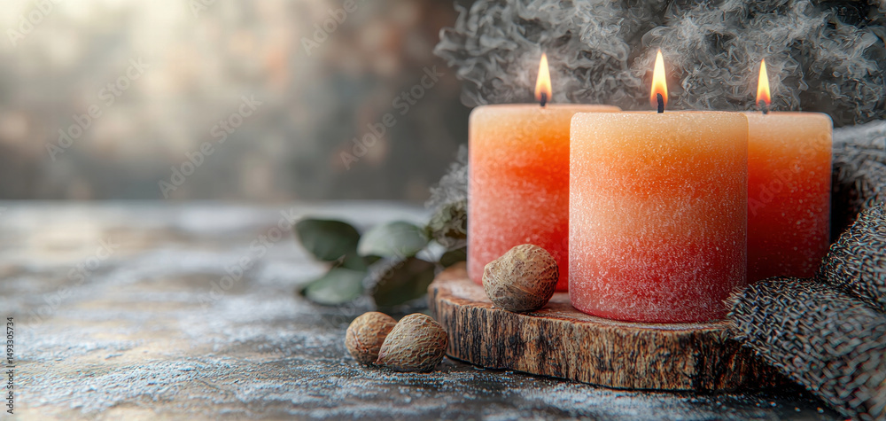 Aufkleber three lit candles with gradient of orange hues, surrounded by natural elements like nuts and greener