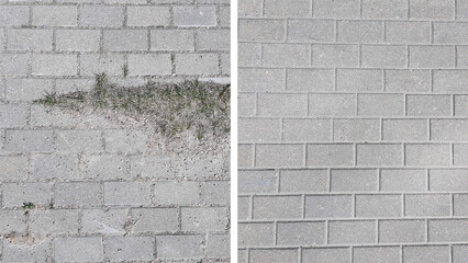 Paving slabs before and after clearing of grass and sand