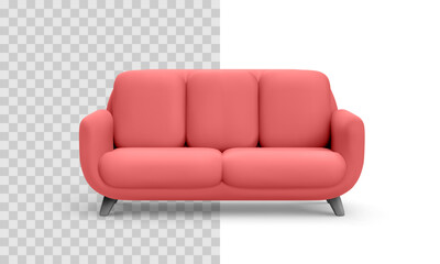 Sofa Rendered in Playful 3D Minimal Cartoon Style with Smooth Matte Texture and Rounded Cushions, Centered Frontal View, Perfect for Interior, Furniture, and Comfort Visuals. Vector Illustration.