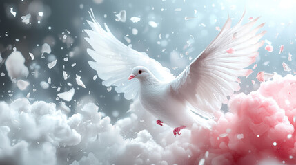 Fototapeta premium White dove soaring gracefully through dreamy landscape filled with soft clouds and delicate petals, evoking sense of peace and tranquility