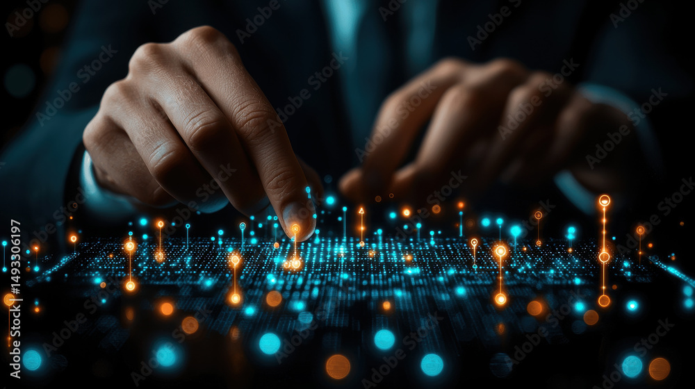 Poster Hands interacting with digital interface, showcasing network of glowing data points and connections. image conveys sense of innovation and technology modern business environment