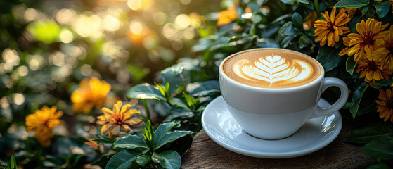 Coffee cup sits on wooden surface surrounded by vibrant flowers and greenery, creating serene atmosphere perfect for relaxation and enjoyment