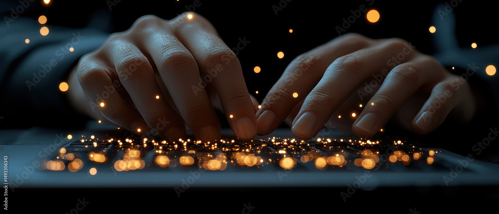 Fototapete Hands typing on keyboard, with glowing particles surrounding scene, creating magical and digital atmosphere. image evokes sense of innovation and technology