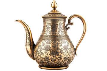 a gold teapot with a floral design