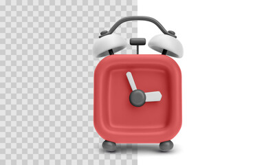 Alarm Clock Icon With Red Body And White Bells, Ideal For Time, Schedule, Wake Up, Reminder, And Productivity Interface Design. Glossy Minimal 3D Style. Vector Illustration.