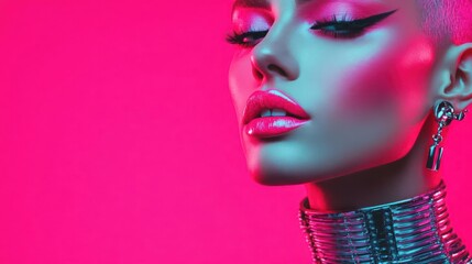 Obraz premium Close-up of pink cyberpunk makeup and chrome fashion jewelry