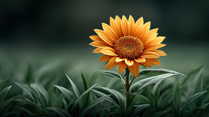 A sunflower surrounded by lush green foliage, the sunlight filtering through the petals, casting a warm and welcoming glow