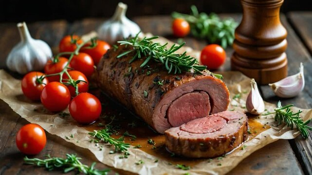 A beautifully presented piece of roasted meat, enhanced with herbs and served alongside fresh tomatoes and garlic cloves.