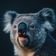 Obraz premium Close up portrait of a cute gray koala looking up with a curious expression in a dark background in Australia