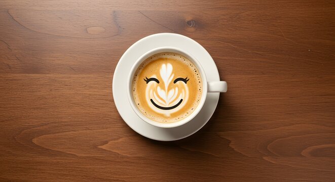 Enjoying Coffee Latte Art with a Happy Face on Wooden Table