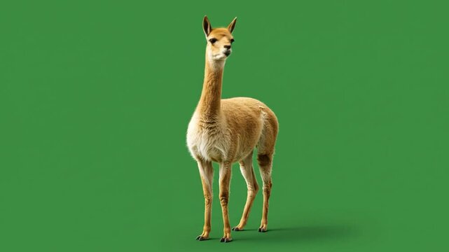 Alert Vicu&ntilde;a Standing Tall, Isolated on Green Backdrop.