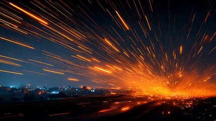 Night sky ablaze with radiant orange streaks of light, resembling a spectacular fireworks display over a small town.