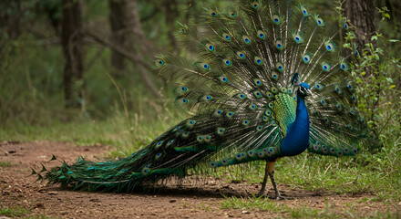 Obraz premium peacock, peafowl, bird, Majestic Peacock Displaying its Plumage in a Natural Setting