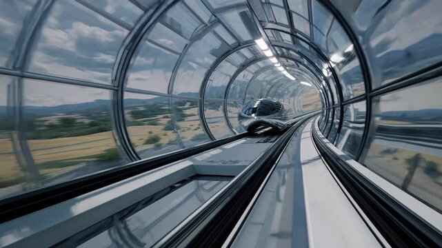 Sleek silver transport pod gliding through transparent tunnel, revealing rapid landscape movement with futuristic engineering precision and seamless technological innovation