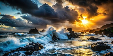 Fototapeta premium Stormy Seas Silhouette Photography: Dramatic Coastal Scene, Dark Ocean Waves Crashing Rocks