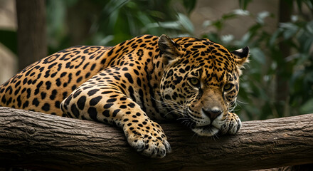 Obraz premium jaguar, panther, big cat, Majestic Jaguar Resting on a Log
