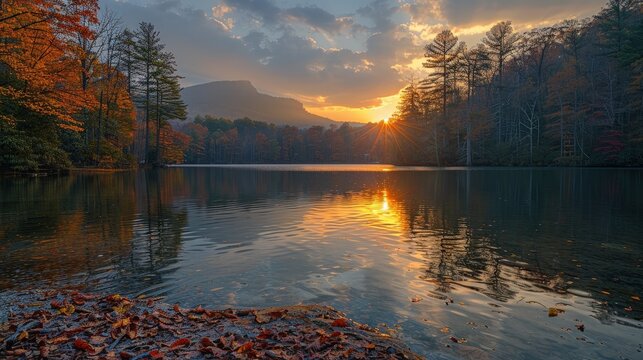 Autumn Sunset over Serene Mountain Lake Breathtaking Fall Colors Reflected in Still Waters