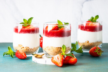 Strawberry cheesecake in glass, no baking dessert.