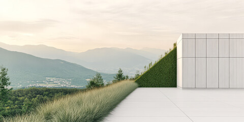 Modern architectural design blends with natural landscape in the mountains at sunset
