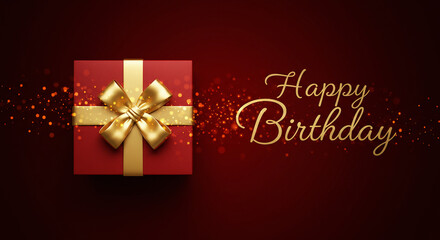 A red gift box with a shiny golden bow sits against a rich red background, with glowing orange particles and elegant &ldquo;Happy Birthday&rdquo; text creating a festive and luxurious mood.