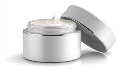 Skincare jar with matte finish, open lid and cream texture, isolated white.