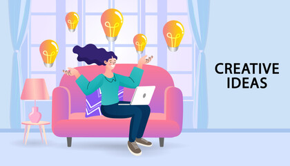 Woman sitting on sofa using laptop with growing lamps. new ideas concept. social media network online communication. success and development vector illustration.