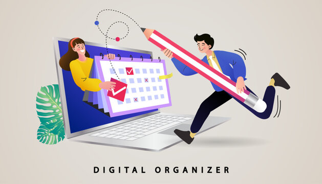 man holding pencil near calendar. Businesswoman planning their schedule. time management, productivity and organization. Female character writes affairs down to planner. vector