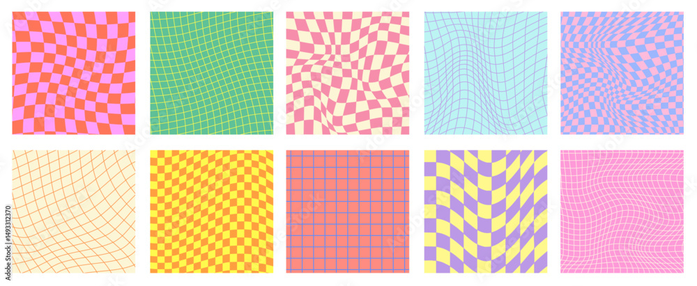 Fototapete set of groovy checkered patterns vector design. collection of cool retro funky chess textures.