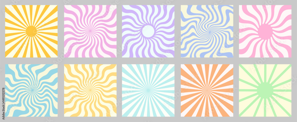 Aufkleber set of sun rays beams vector patterns. collection of sunshine groovy retro backgrounds. funky vintag